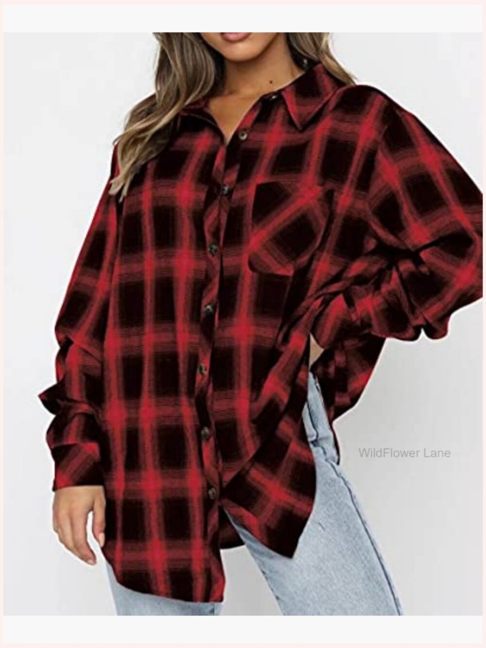 Women's Long Sleeve Button Down Plaid Flannel Shirt Blouse Tunic - Picture 2 of 7